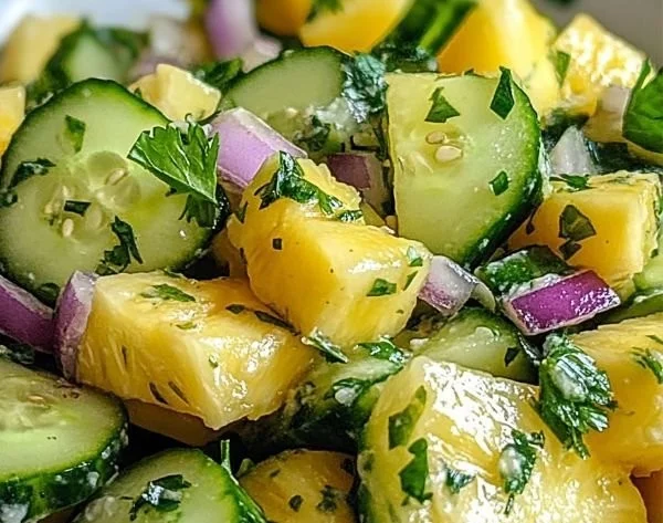 Delicious bowl of pineapple cucumber salad made with fresh ingredients
