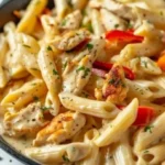 Plate of Rattlesnake Pasta garnished with herbs and pepper flakes