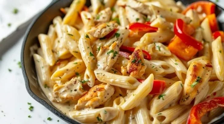 Plate of Rattlesnake Pasta garnished with herbs and pepper flakes
