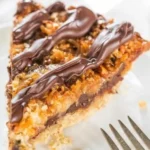 Delicious Samoa Pie with chocolate, caramel, and coconut layers