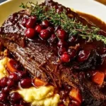 Slow-braised beef roast with cranberry glaze served on a plate.