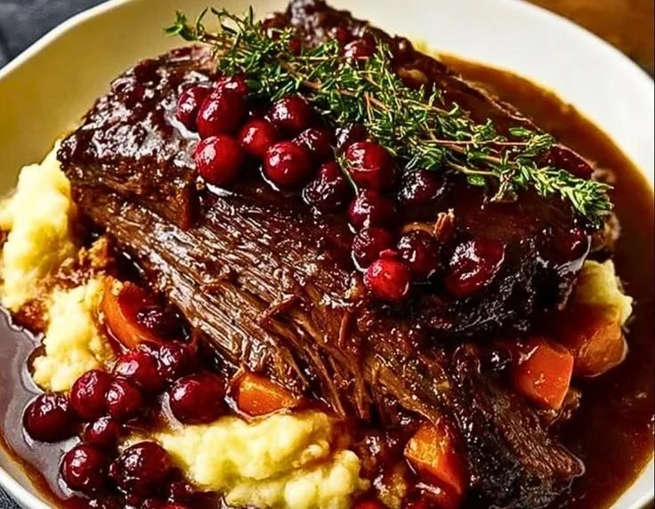 Slow-braised beef roast with cranberry glaze served on a plate.