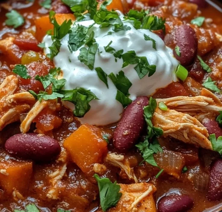 Delicious slow cooker chicken chili with sweet potatoes in a bowl