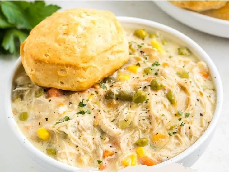 Slow cooker chicken pot pie with vegetables and flaky crust