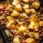 A delicious slow cooker cowboy casserole filled with ground beef, beans, and cheese.