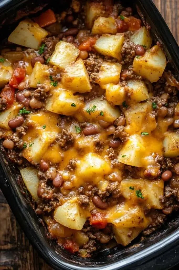 A delicious slow cooker cowboy casserole filled with ground beef, beans, and cheese.