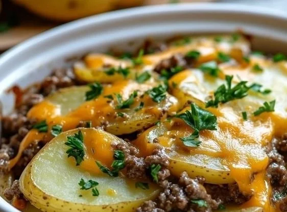 Slow Cooker Cowboy Potato Casserole served in a bowl with toppings