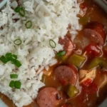 Delicious slow cooker gumbo with chicken and sausage in a bowl.