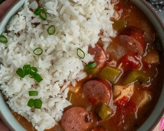 Delicious slow cooker gumbo with chicken and sausage in a bowl.