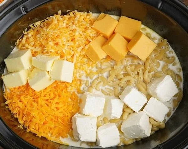 Creamy slow cooker mac and cheese in a bowl ready to serve