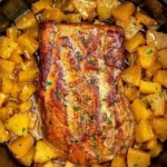 Delicious slow-cooked pineapple pork loin on a plate with herbs