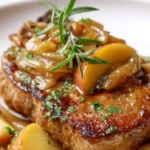 Slow cooker pork chops with apples served on a plate