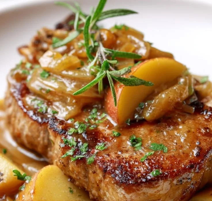 Slow cooker pork chops with apples served on a plate