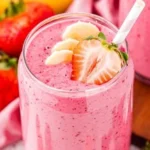 Delicious strawberry banana smoothie in a glass with fresh fruit on the side.