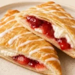 Delicious strawberry cheesecake turnovers on a plate, topped with fresh strawberries.