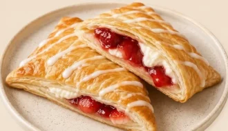 Delicious strawberry cheesecake turnovers on a plate, topped with fresh strawberries.