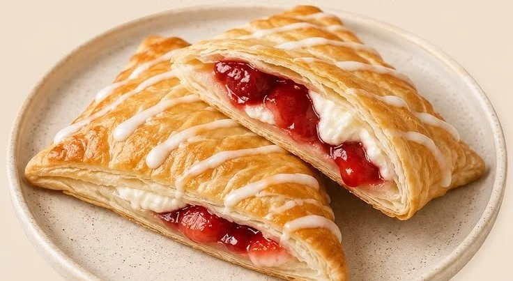 Delicious strawberry cheesecake turnovers on a plate, topped with fresh strawberries.