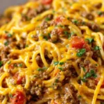 A plate of Taco Spaghetti garnished with cheese and herbs, showcasing a delicious fusion.