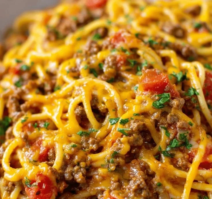 A plate of Taco Spaghetti garnished with cheese and herbs, showcasing a delicious fusion.