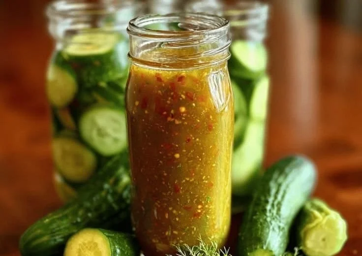 Bottle of tangy Dill Pickle Hot Sauce for adding flavor to dishes