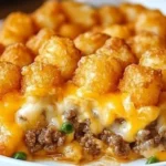 Delicious Tater Tot Casserole served in a baking dish with cheese and ground beef.