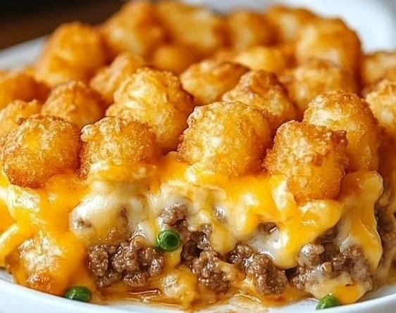 Delicious Tater Tot Casserole served in a baking dish with cheese and ground beef.