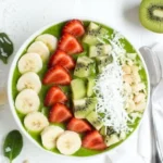 Tropical green smoothie bowl topped with fresh fruits and seeds